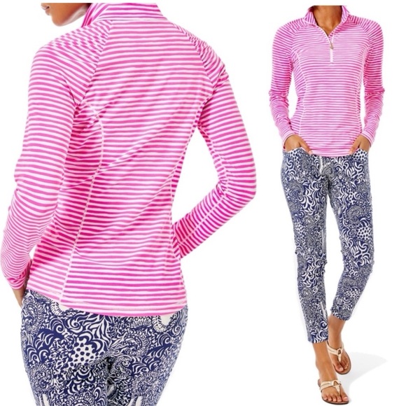 Lily Pulitzer Luxletic Justine Half Zip Pullover Pink Beach Stripe - Picture 1 of 5